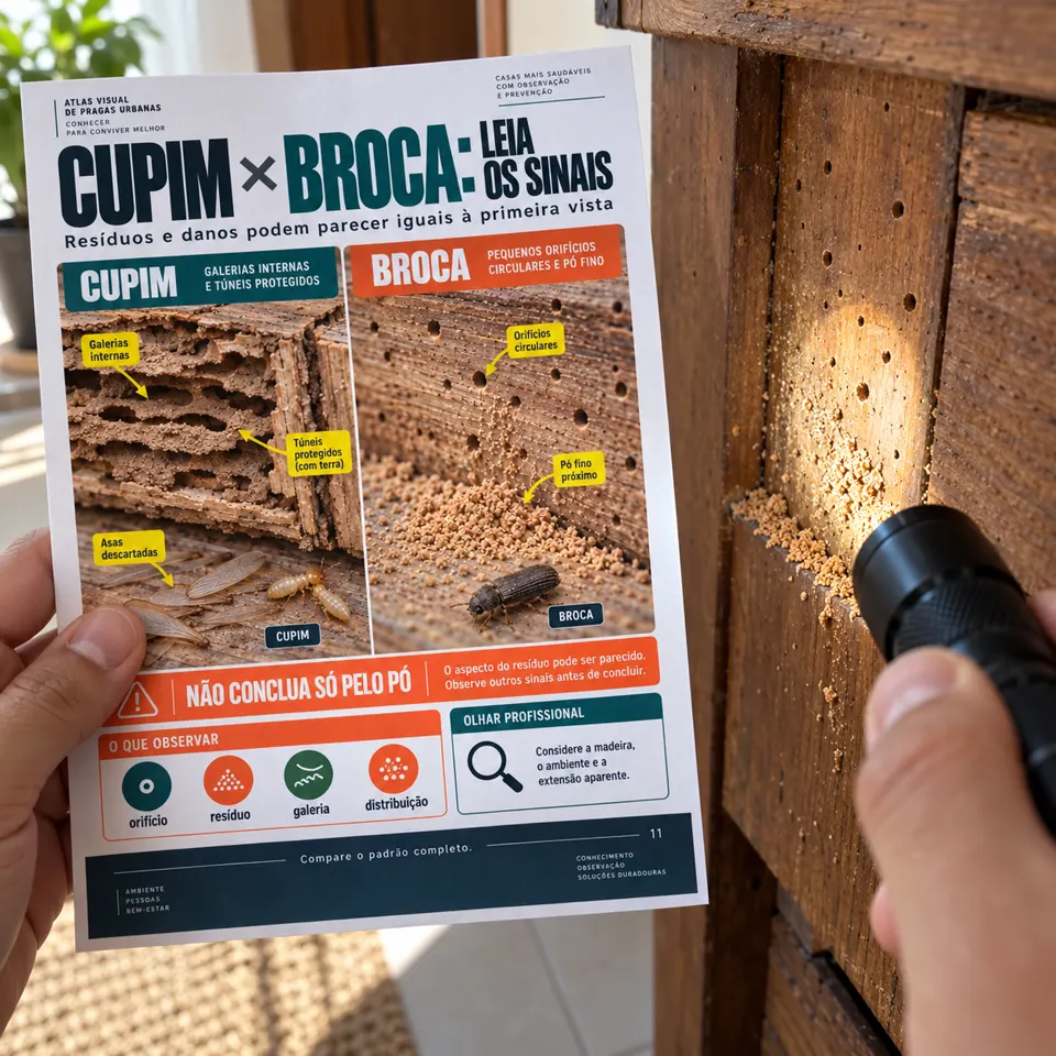 Prancha impressa comparando cupim e broca diante de um móvel com furos