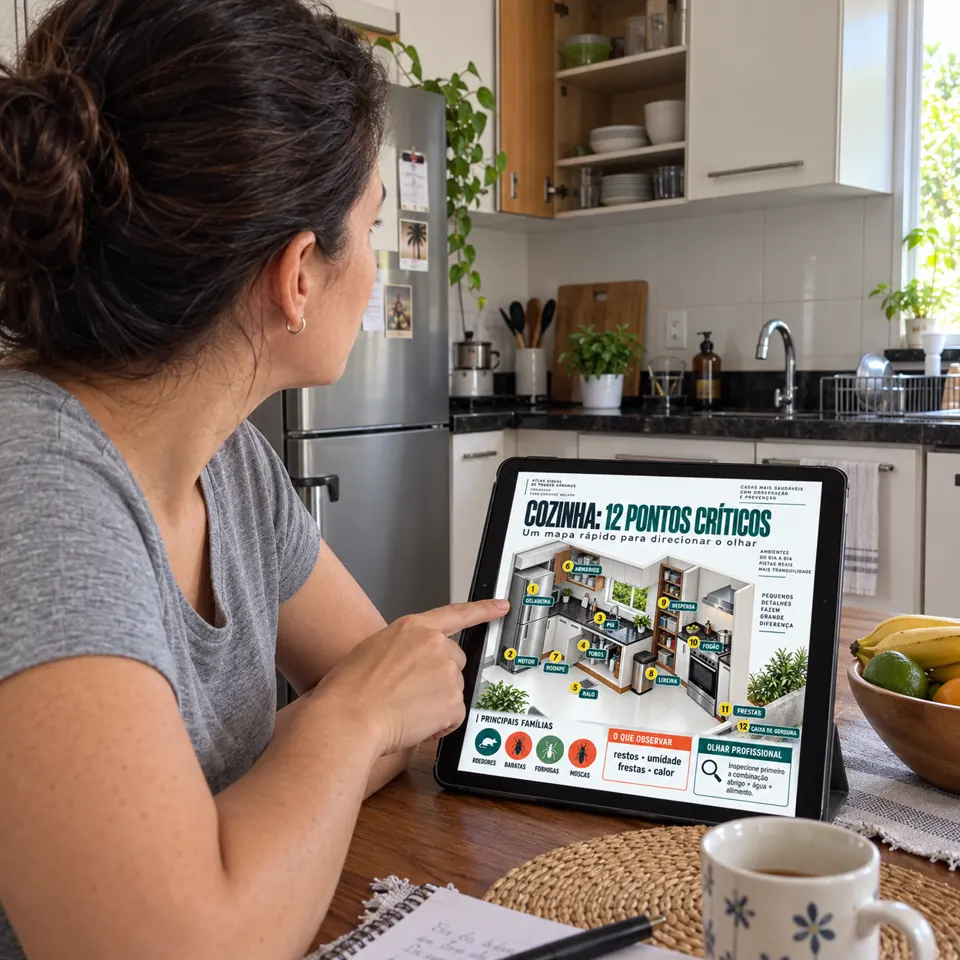 Moradora consultando no tablet o mapa dos pontos críticos da cozinha