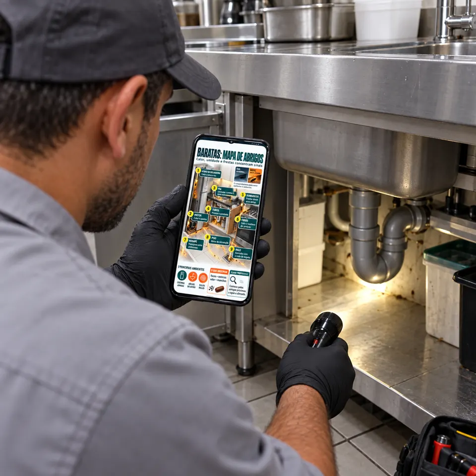 Técnico consultando no celular o mapa de abrigos de baratas
