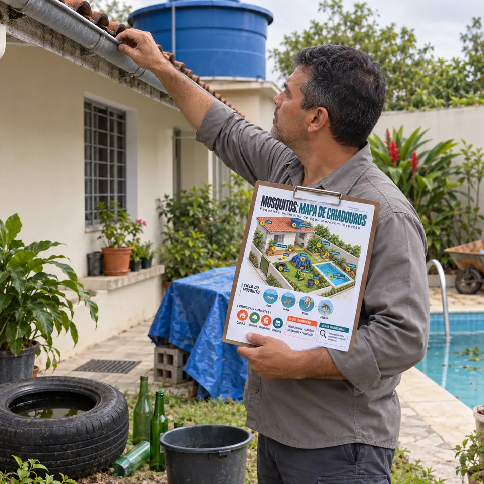 Profissional usando o mapa de criadouros de mosquitos em uma área externa